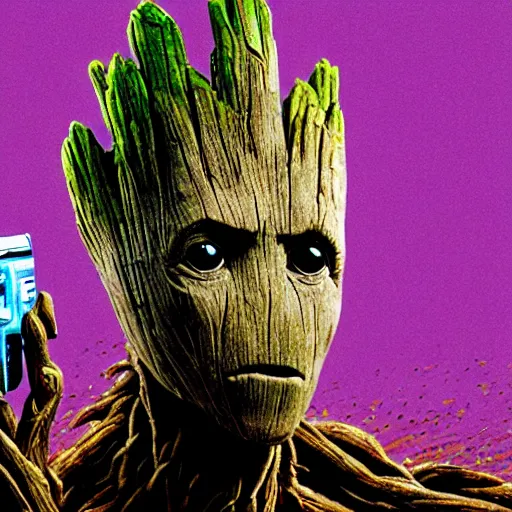 Image similar to Groot robbing a bank, still image, cinematic, shotgun