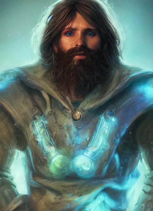 Prompt: an epic fantastic realism comic book style portrait painting of an aasimar warlock, male, shaggy hair, short brown beard, d & d concept art, unreal 5, daz, petrol aesthetic, octane render, cosplay, rpg portrait, dynamic lighting