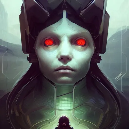 Image similar to professional ominous concept art portrait of a robot - human chimera character by artgerm and greg rutkowski. an intricate, elegant, highly detailed digital painting, concept art, smooth, sharp focus, illustration, in the style of simon stalenhag, wayne barlowe, and igor kieryluk.