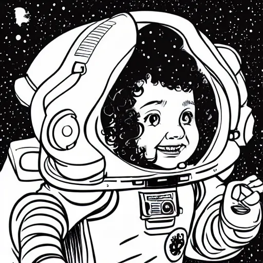 Image similar to clean simple line art of a little girl with wavy curly hair floating in space. she is an astronaut, wearing a space suit. white background. well composed, clean black and white line drawing, beautiful detailed face. illustration by josan gonzalez and steve ditko and greg rutkowski