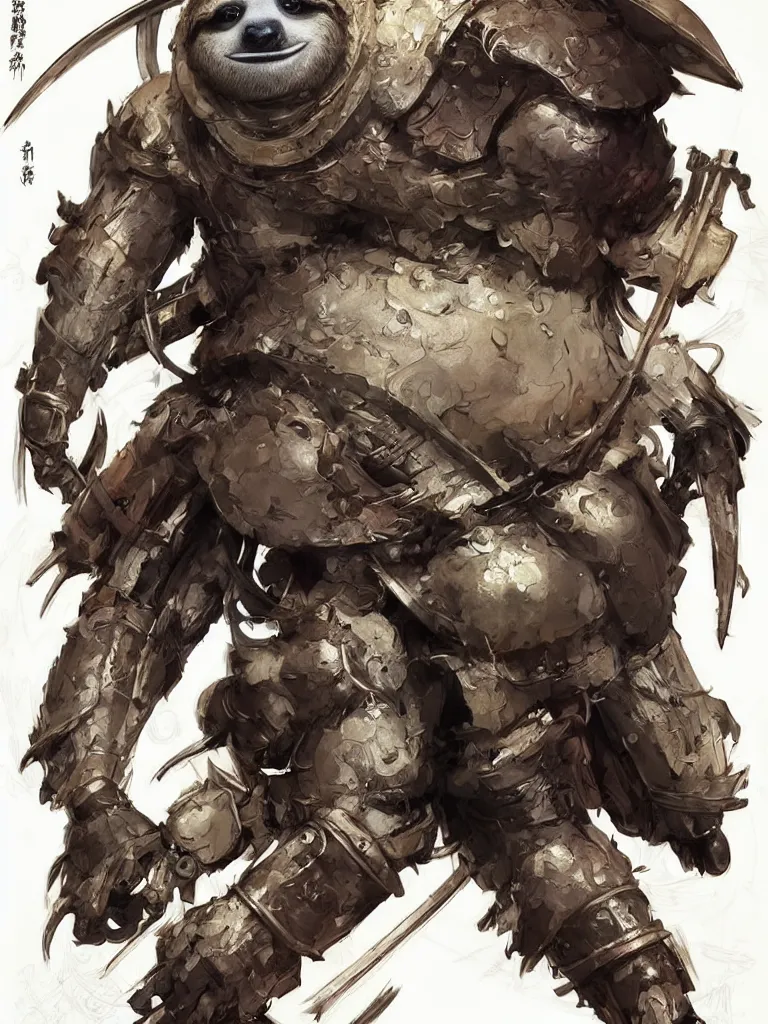 Image similar to graphic, hyperreal illustration of anthropomorphic sloth in traditional samurai armor : : digital art, concept art, character development : : illustrated by artgerm, yoji shinkawa, scott buoncristiano, nychos