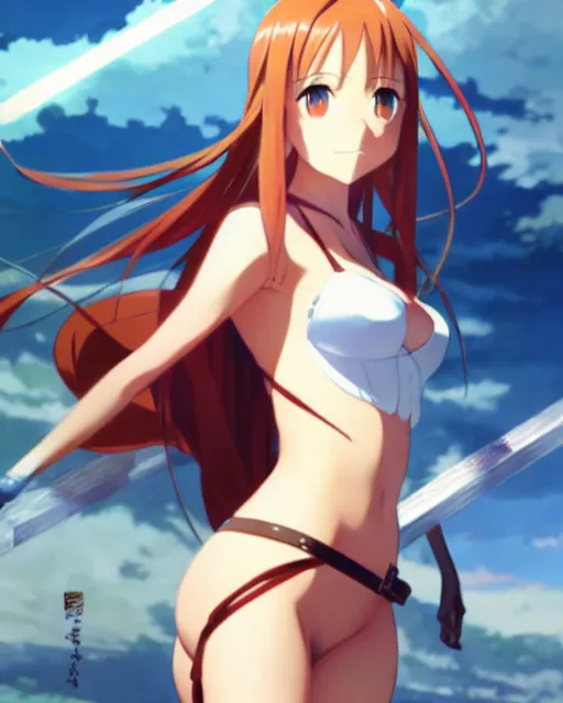 Prompt: photo of asuna from sao, asuna by a - 1 pictures, by greg rutkowski, gil elvgren, enoch bolles, glossy skin, pearlescent, anime, maxim magazine, very coherent, trending
