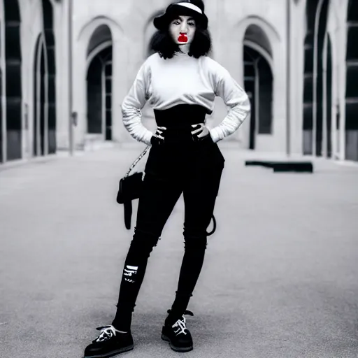 Image similar to female streetwear blogger, in the 1920s, full body portrait shot, photo from 2022