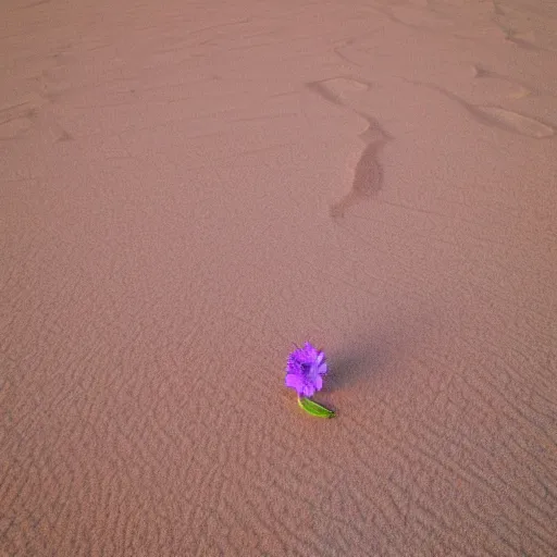 Prompt: a single small pretty desert flower blooms in the middle of a bleak arid empty desert, sand dunes, clear sky, low angle.