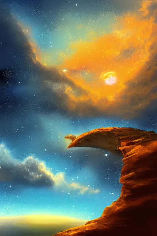 Prompt: digital painting beautiful cosmic sky cliff childs