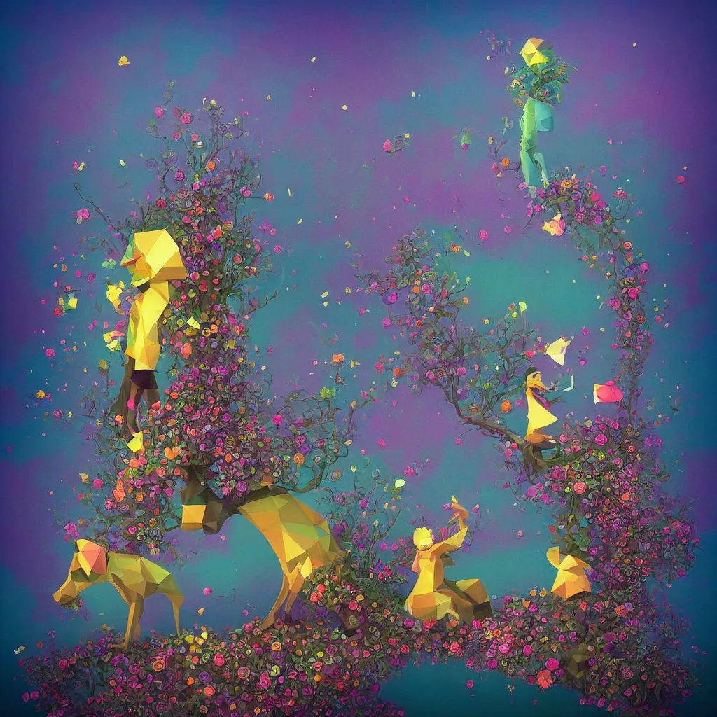 Prompt: low poly, pixar, golden retriever, magic realism, flowerpunk, mysterious vivid colors by andy kehoe and amanda clarke en un mundo de gediminas pranckevicius y shamsia hassani