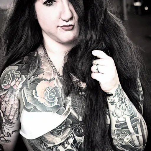 Image similar to fat girl, long hair, tattooed, photo