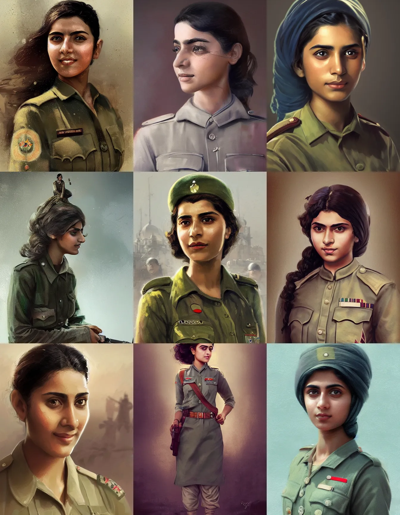 Prompt: young pakistani woman ww 2 soldier, wearing a kurta, strong, muscular, smiling, digital portrait by greg rutkowski, intricate, soft focus, highly detailed, cinematic, epic, artstation