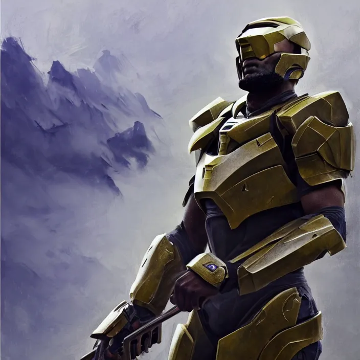 Image similar to LeBron James wearing Forerunner armor from Halo, countryside, calm, fantasy character portrait, dynamic pose, above view, sunny day, thunder clouds in the sky, artwork by Jeremy Lipkin and Giuseppe Dangelico Pino and Michael Garmash and Rob Rey and Greg Manchess and Huang Guangjian, very coherent asymmetrical artwork, sharp edges, perfect face, simple form, 100mm