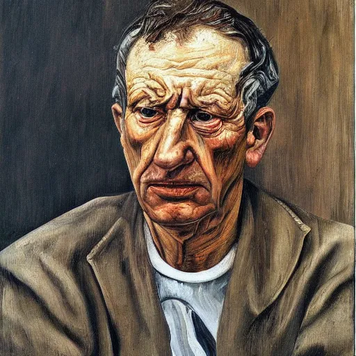 Image similar to Oil painting Portrait of a sad Man, by Lucian Freud, Abstract brush strokes, Masterpiece