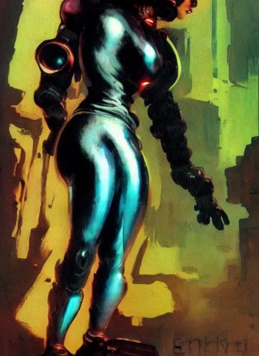 Prompt: female android, rusty hair, glowing skin, strong line, bright vibrant color, beautiful! coherent! by frank frazetta, high contrast, cyberpunk