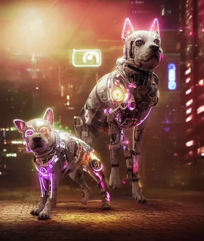 Image similar to japanese model cyborg dog with digital led skin, neon lighting, techno neon projector background, family photo, intricate details, ultra realistic, unreal engine 5, depth of field, bokeh, octane render