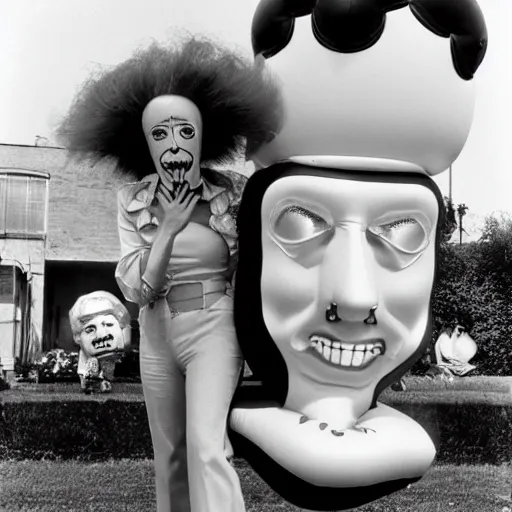 Image similar to 1976 glamorous middle aged woman wearing an inflatable toy head in a small village full of inflatable digestive organs, 1976 French film archival footage technicolor film expired film 16mm Fellini Doris Wishman new wave John Waters movie still