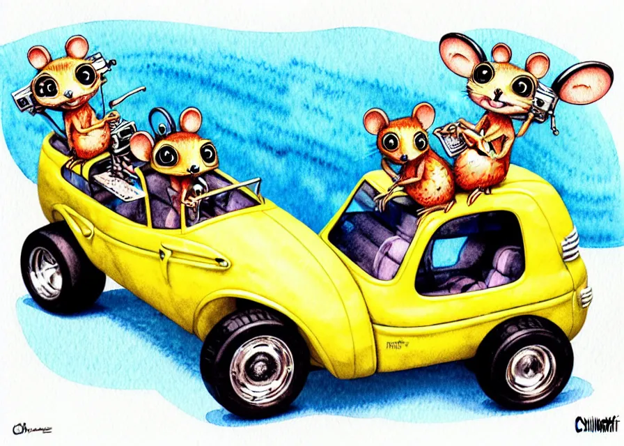 Image similar to cute and funny, quoll riding in a tiny hot rod with oversized engine, ratfink style by ed roth, centered award winning watercolor pen illustration, isometric illustration by chihiro iwasaki, edited by range murata, tiny details by artgerm and watercolor girl, symmetrically isometrically centered