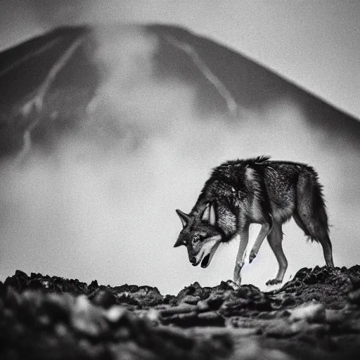 Image similar to a wolf, she eating meat, in volcano, standing close to volcano, fire raining, professional photography, black and white, cinematic, eerie