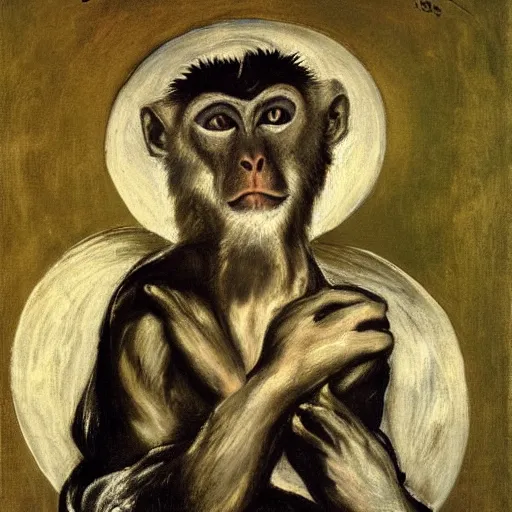 Prompt: a philosopher monkey contemplating matters, portrait, by el greco