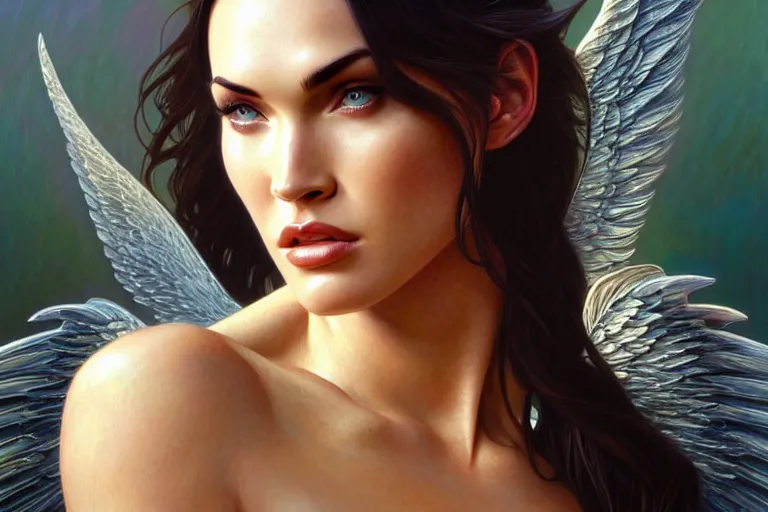 Image similar to portrait of megan fox as an angel, wings, intricate, headshot, highly detailed, digital painting, artstation, concept art, sharp focus, cinematic lighting, illustration, art by artgerm and greg rutkowski, alphonse mucha, cgsociety