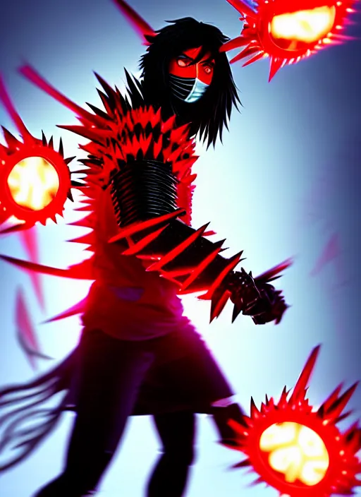 Image similar to a striking cinematic full body manga portrait of a long black haired masked male teenager wearing imposing red jagged spiked plate armour and glowing with raging powerful red energy by hirohiko araki and beeple, fine details, digital art, character concept art, volumetric lighting, cinematic light, photorealistic