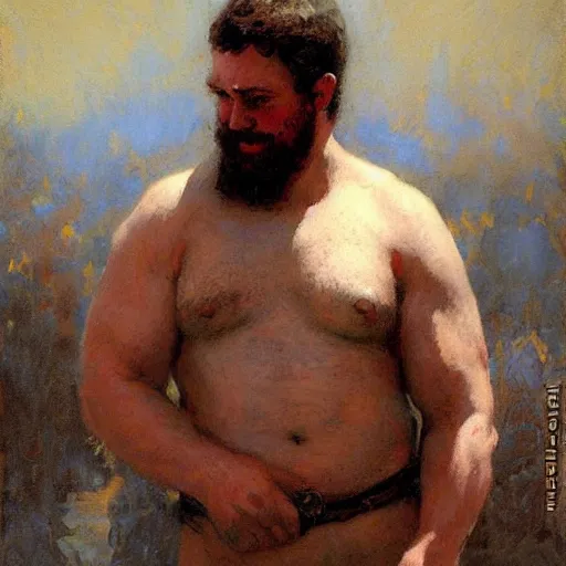 Prompt: a man with a burly body type, painting by Gaston Bussiere, Craig Mullins