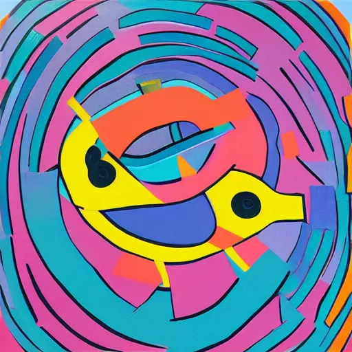 Image similar to rubber duck painting in the style of frank stella, concentric lines, overlapping lines, very colorful