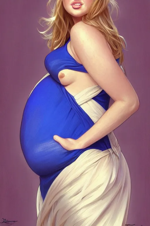 Prompt: pregnant kate upton in a blue dress, realistic portrait, symmetrical, highly detailed, digital painting, artstation, concept art, smooth, sharp focus, illustration, cinematic lighting, art by artgerm and greg rutkowski and alphonse mucha