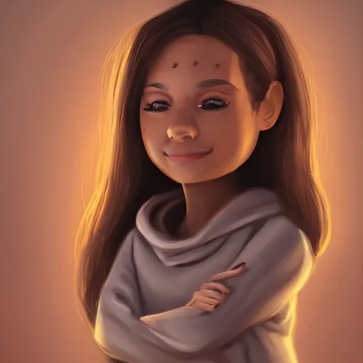 Prompt: young Latin girl with a beige hoodie, shy, focus on face, still, photograph, digital painting, trending on artstation, masterpiece, in the style of JB Casacop, disney