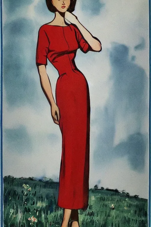 Image similar to beautiful slim and shapely young woman, elegant look, peasant dress, 1960\'s soviet propaganda art