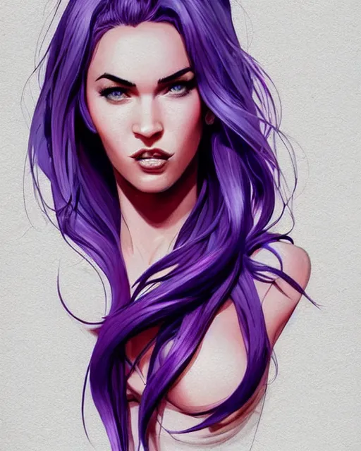 Prompt: beautiful Megan Fox purple hair tattoos symmetrical face eyes full body fantasy art icon, 2d art gta5 cover, official fanart behance hd artstation by Jesper Ejsing, by RHADS, Makoto Shinkai and Lois van baarle, ilya kuvshinov, rossdraws