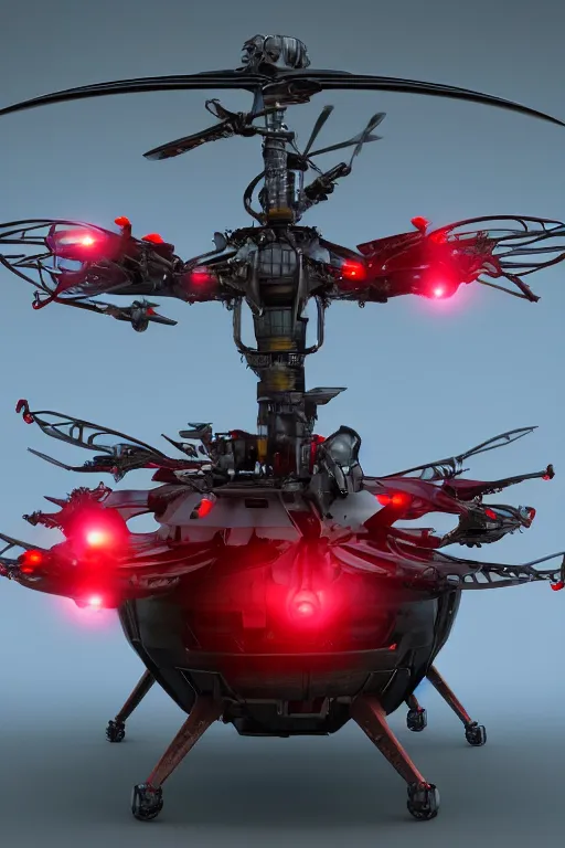Image similar to futuristic flying helicopter robot with glowing red eyes, digital art, fantasy, trending on artstation, professional illustration, cgsociety, ultra detailed