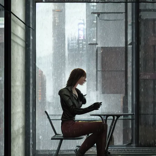 Prompt: A young woman sitting in a cafe looking out of the window with rain outside, cyberpunk, ultra realistic, concept art, intricate details, eerie, highly detailed, photorealistic, octane render, 8k, unreal engine, art by Bjorn Hurri
