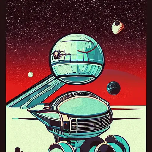 Prompt: retrofuturistic illustrations of space travel by mehmet reha tugcu from behance