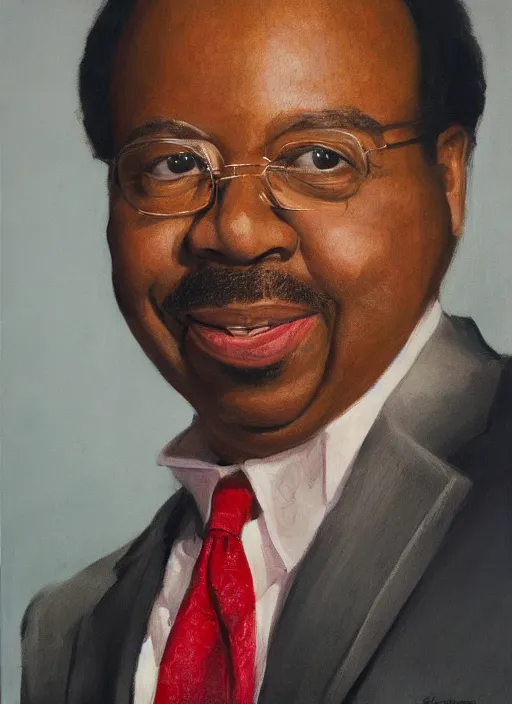 Prompt: ( ( ( portrait of leslie david baker as stanley hudson of the office television series ) ) ) by igor kazarin, head to waist, light coming from the right side, red background,