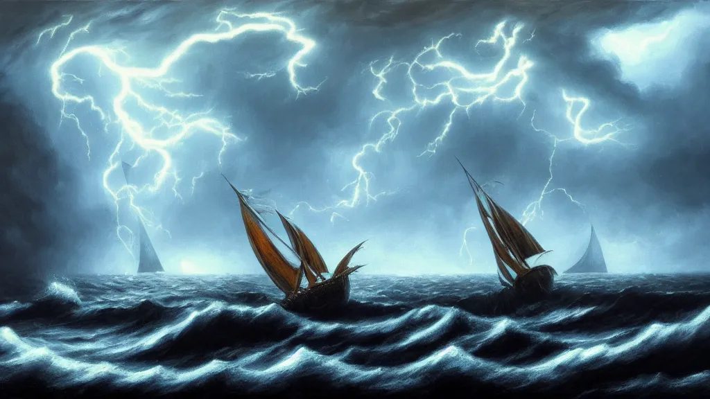Prompt: a fantasy book landscape with massive giant squid black tentacles surrounding a small boat in a stormy sea, giant waves, lightning in the background, soft beautiful light, oil painting, 4 k