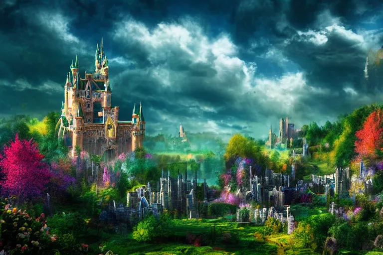 Image similar to a stunning and intricate photograph of a fantasy world, castle in the background, multicolor sky, highly detailed