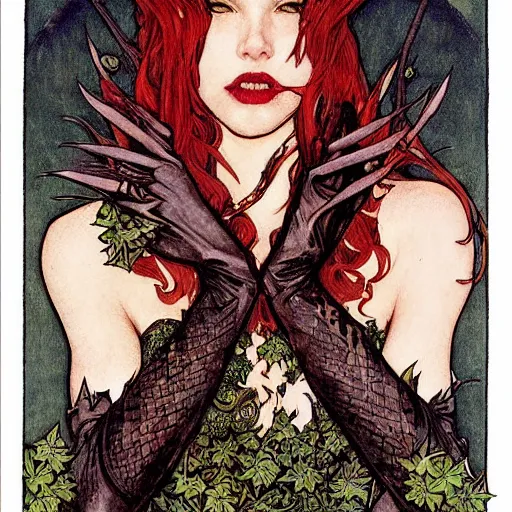 Image similar to a beautiful tarot card of poison ivy dressed as a teenage vampire, leather armored, dark eyeliner, intricate, elegant, highly detailed, digital painting, artstation, concept art, matte, sharp focus, illustration, art by rebecca guay and by arthur rackham and by alphonse mucha and by john william waterhouse