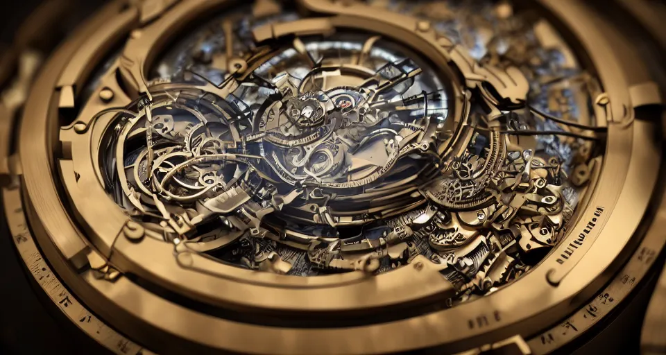 Image similar to complex 3 d render of a futuristic steampunk watch lying on a table, high detail, sharp focus, glowing interior components, intricate detail, depth of field, bokeh, cinematic lighting and composition, octane render, film grain, bovet fleurier