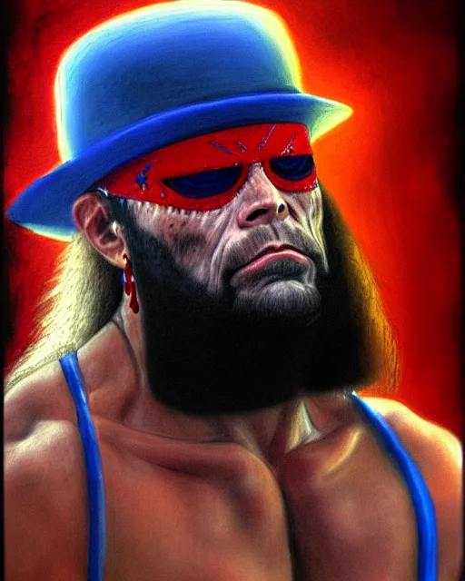 Image similar to realistic portrait of randy macho man savage, crying big blue tears, by leonardo davinci, ultra detailed, character design, concept art, trending on artstation,