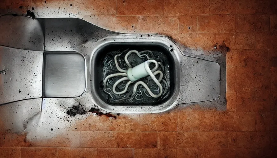 Prompt: Horror movie, a tentacle reaches up out of the kitchen sink drain.