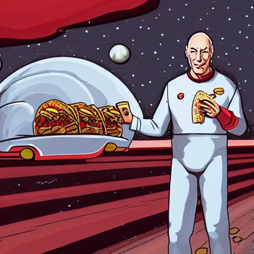 Image similar to picard on the moon eating tacos in a bathroom, ultra realistic, digital art, rich deep colors, smooth shadows, high resolution, cinematic