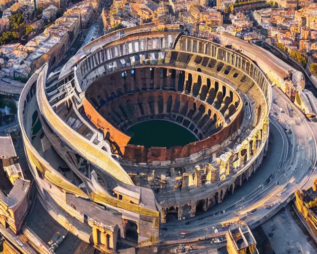 Prompt: A full shot of the roman colosseum redesigned by zaha hadid, overhead view, golden hour, 4K Photograph