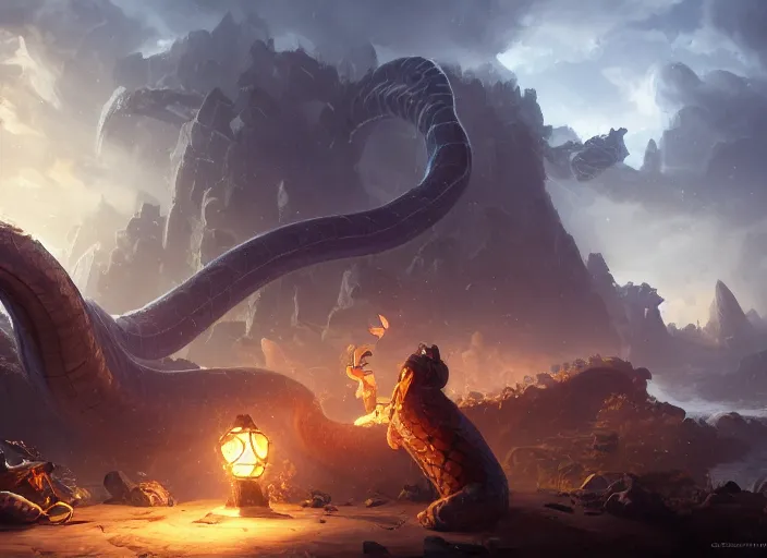 Image similar to giant snake, hearthstone splash art, deiv calviz, splash art, natural light, elegant, intricate, fantasy, atmospheric lighting, by greg rutkowski, hearthstone splash art, hd wallpaper, ultra high details, cinematic composition, professional master piece made in one year