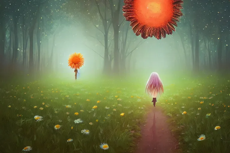 Image similar to giant daisy flower over head, girl walking in forest, surreal photography, dark night, stars, moon light, impressionist painting, clouds, digital painting, artstation, simon stalenhag