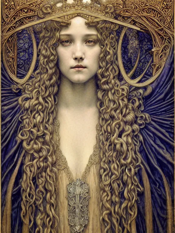 Image similar to detailed realistic beautiful young medieval queen face portrait by jean delville, gustave dore and marco mazzoni, art nouveau, symbolist, visionary, gothic, pre - raphaelite. horizontal symmetry