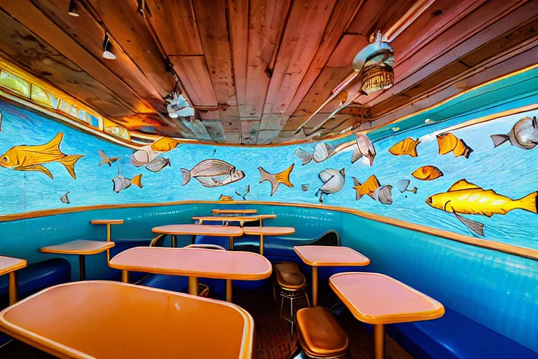 Prompt: 2 0 1 5 fish themed underwater american diner, googie architecture, two point perspective, americana, fishcore, restaurant interior photography, 8 5 mm, photo by jeff brouws