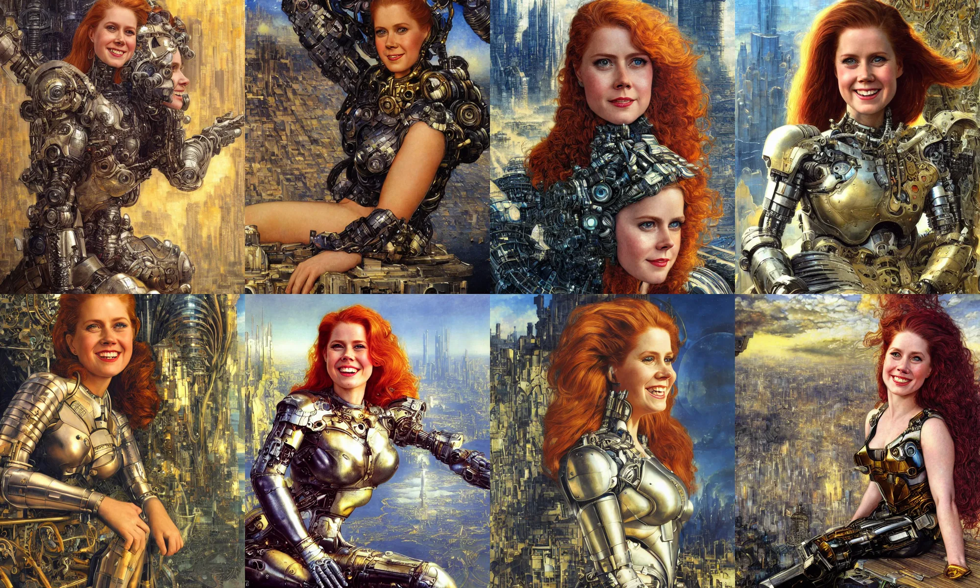 Prompt: close - up portrait of epic young amy adams smiling into camera, intricate cyborg armor, sitting on a bench, vista of futuristic city, windy, golden hour, wlop, by gerald brom, by mikhail vrubel, by peter elson, extreme detail, trending on artstation