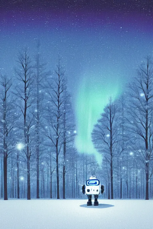 Image similar to A retro glossy white robot stands in the middle of a forest in the centre of the frame. softly glowing blue trees at night. The sky above has many stars and a beautiful blue aurora. Comet in the middle of the sky. The ground is icy and it is snowing. Cyril Roland naomi okubo. Trending on artstation. Digital painting.