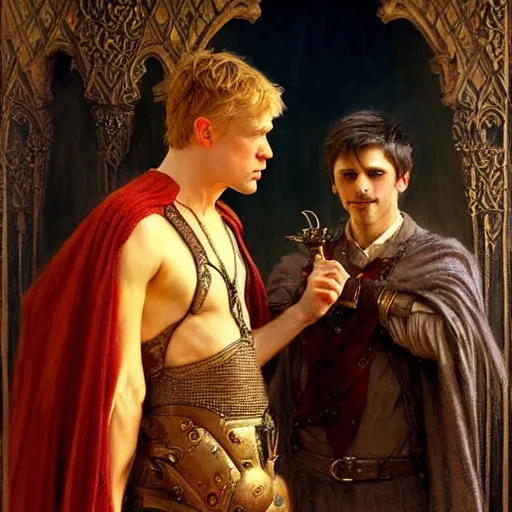 Image similar to handsome arthur pendragon in love with handsome merlin the mage. merlin is also in love with arthur. highly detailed painting by gaston bussiere, craig mullins, j. c. leyendecker