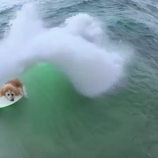 Image similar to a cream-colored havanese dog big wave surfing, gopro photo, 4k