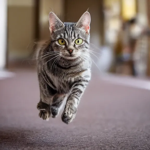 Image similar to close up wide angle photo of a brownish gray tabby cat running towards the camera, motion blur, dramatic