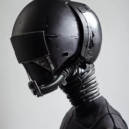 Prompt: cyberpunk mediaval mechanical helmet with side intircate hoses looking straight by Vitaly Bulgarov, front view